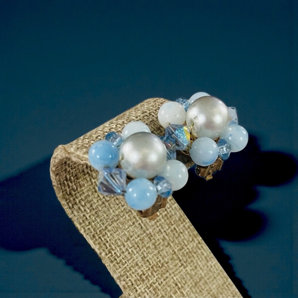 Vintage Iridescent Bead and Shades of Blue AB Crystal and Bead Clip Earrings Est